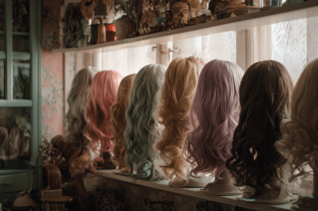 Värikkäitä peruukkeja ikkunanlaudalla.