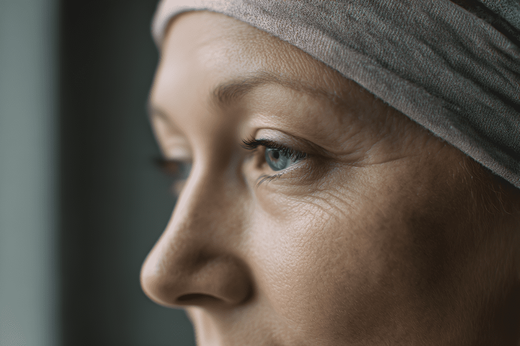 HER2+ hoitojen aiheuttamia haittavaikutukisia. Mietteliäs nainen katsoo eteenpäin.