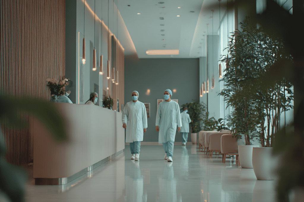 HER2 tutkimukset ja diagnoosi, lääkäreitä kävelemässä sairaalan käytävällä.