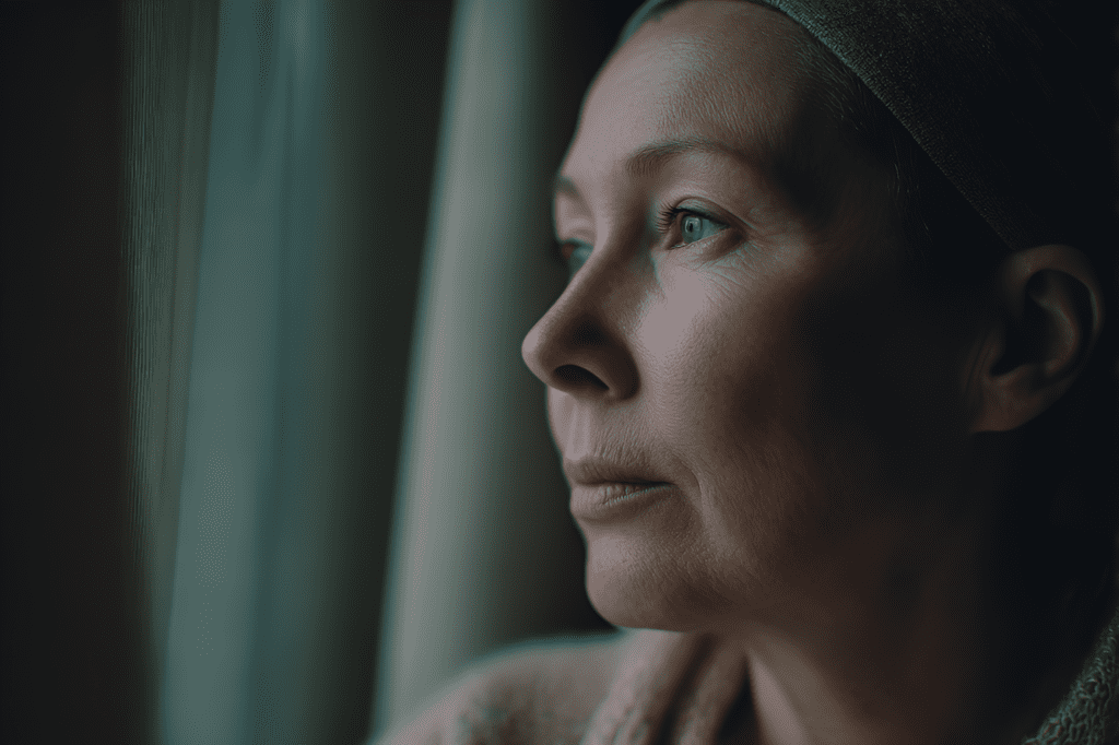 IBC ennuste. Mietteliäs nainen katsoo ulos ikkunasta.