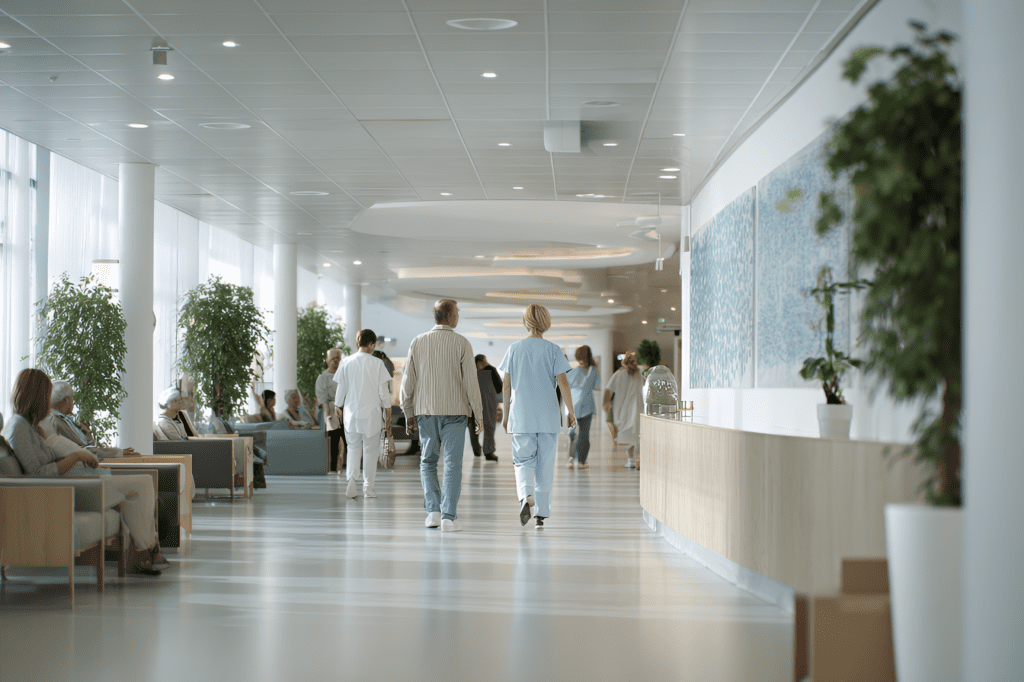 Tulehduksellisen rintasyövän hoito. Ihmisiä sairaalan käytävällä.