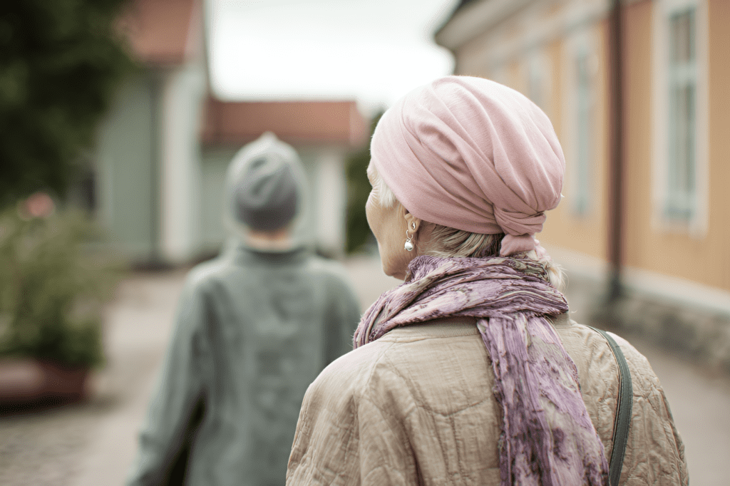 Kolmoisnegatiiviesen rintasyövän sairastaneen potilaan näkökulma. Kaksi naista kuvattuna takaapäin kadulla.