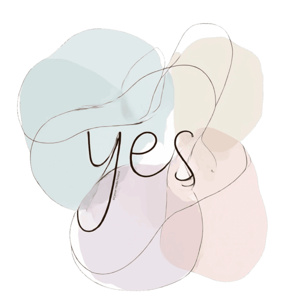 Kuvitettu teksti 'YES', kuvaa rintasyövästä toipumista