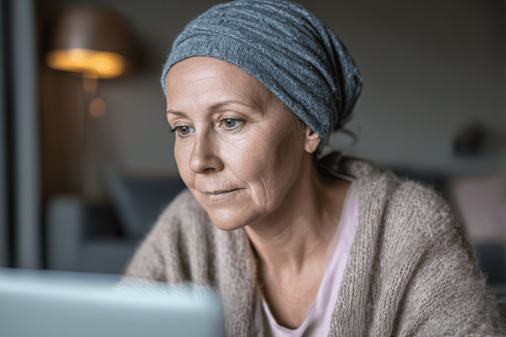 Huolestunut nainen laskee sairaudesta johtuvia kustannuksia.