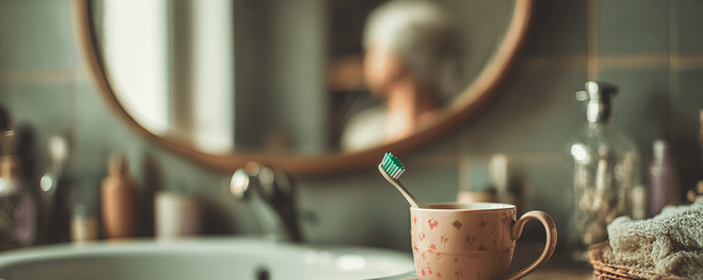 Päivittäinen suunhoito on tärkeää rintasyöpähoitojen aikana. Kuvassa hammasharja mukissa lavuaarin reunalla.